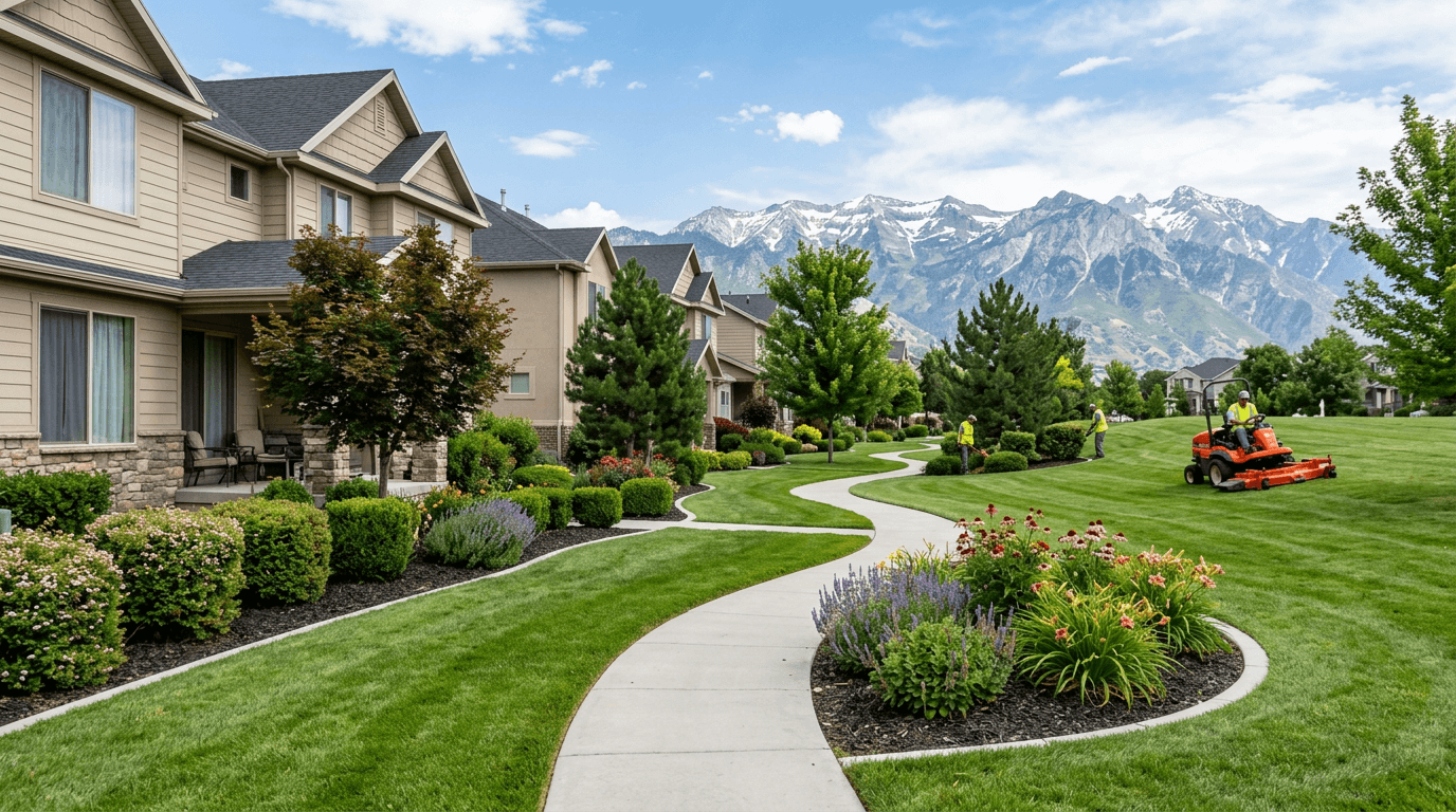 Neatly maintained HOA townhome common area with mowed lawns and trimmed shrubs