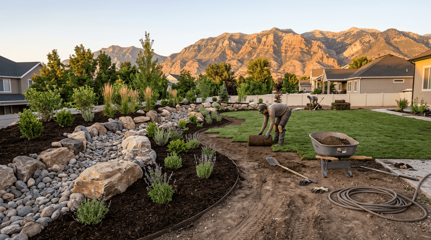 New sod, rock beds, and shrubs being installed in a Utah backyard