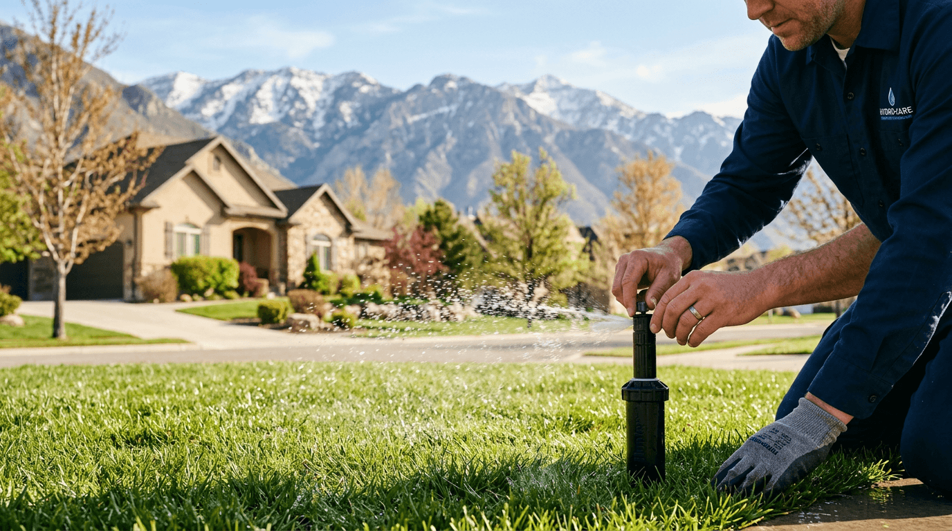 Technician adjusting a sprinkler head during a spring system startup