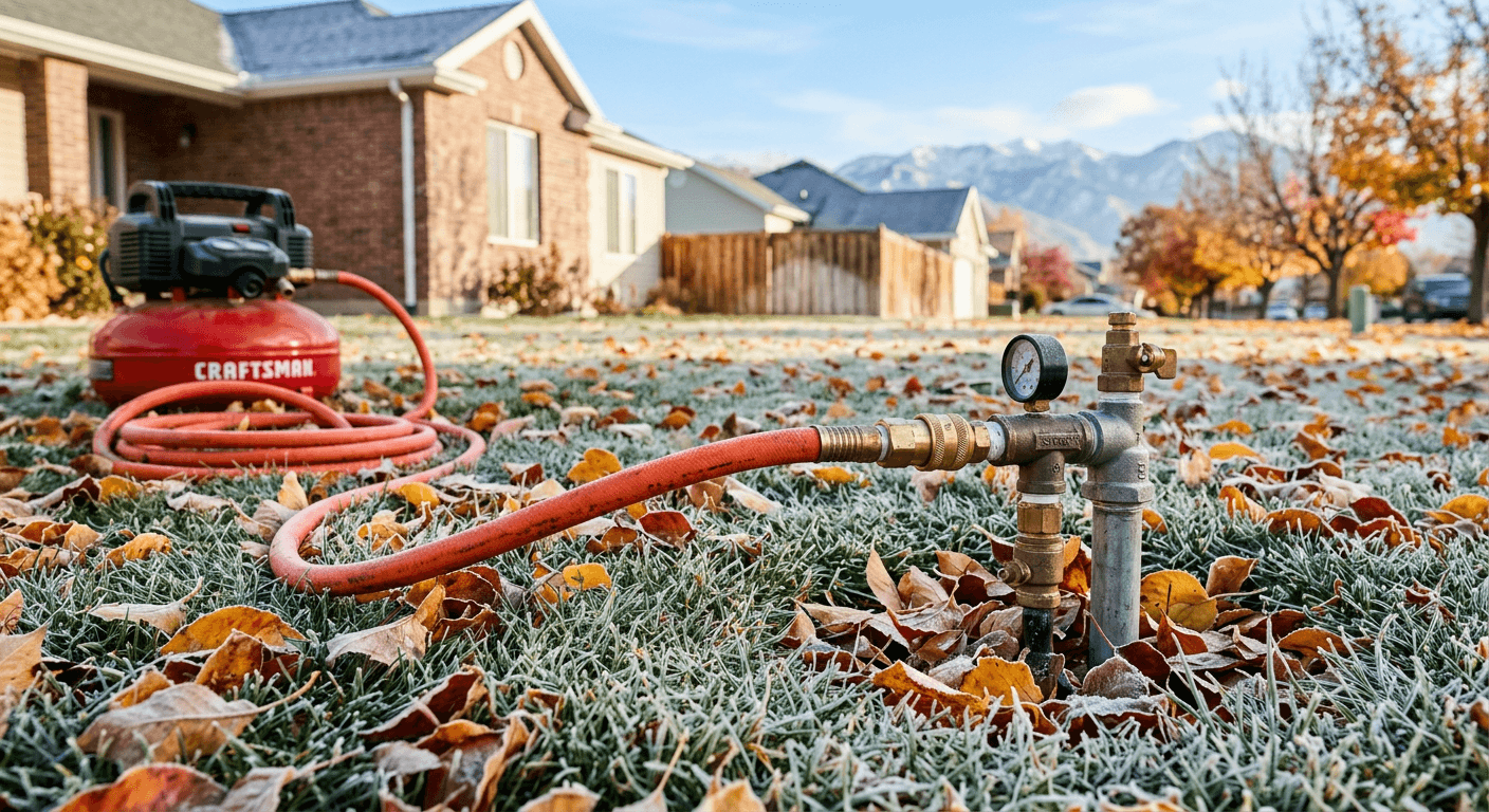 Air compressor hose connected to a sprinkler system for a winter blowout