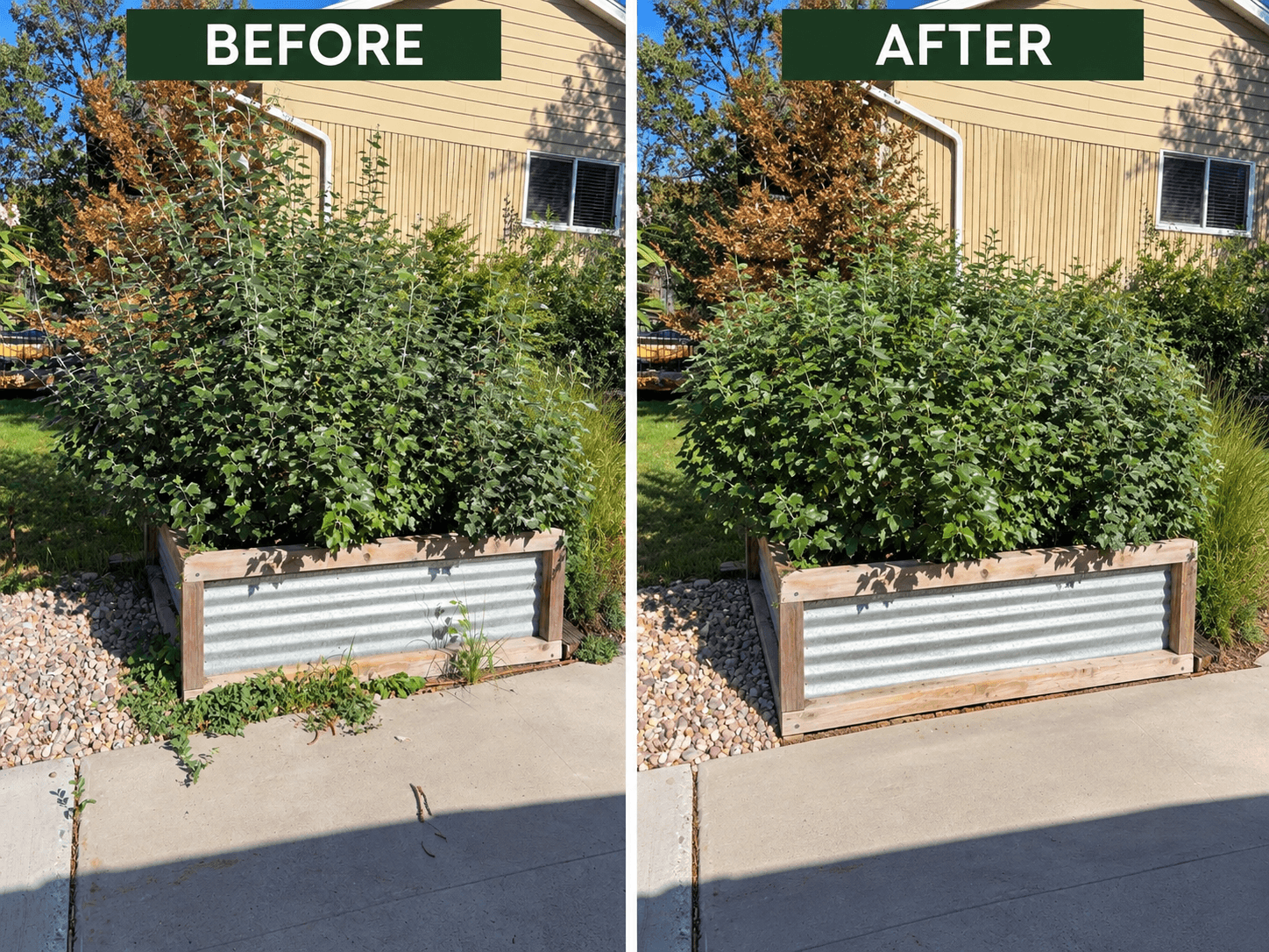 Before and after of a raised planter box with weeds removed