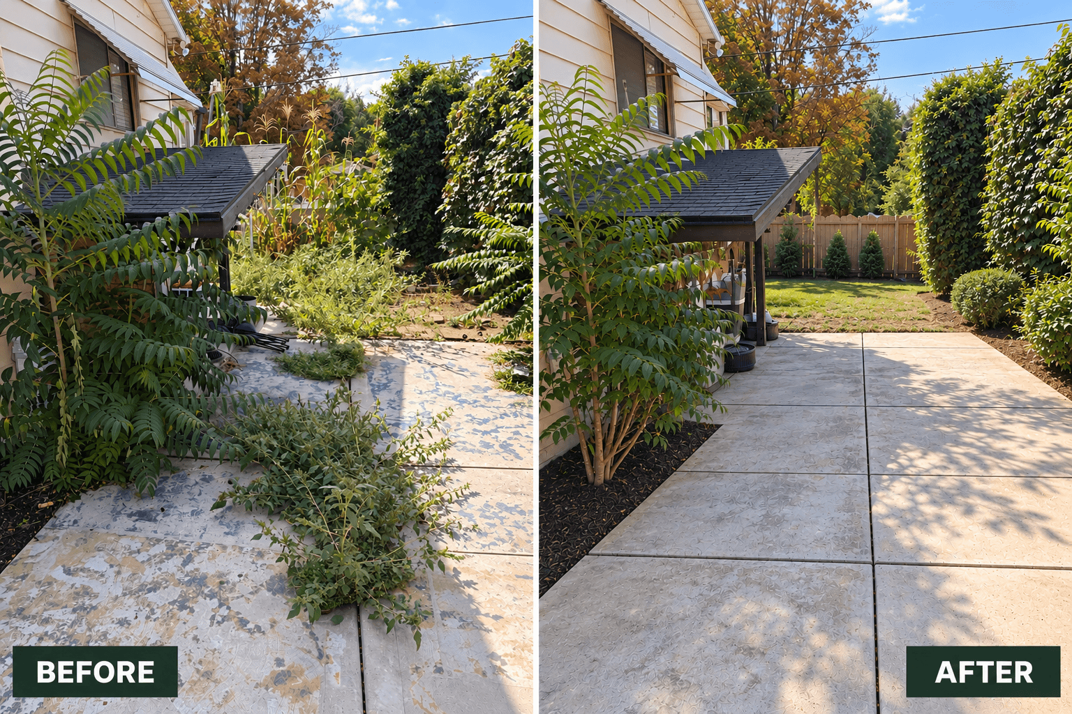 Clean residential yard with raked leaves bagged and fresh mulch beds
